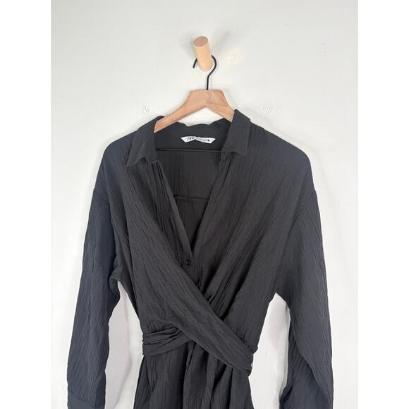 Zara Black Long Sleeve Shirt Dress Womens Large Belt Tie Waist Blogger Fave - Picture 3 of 11